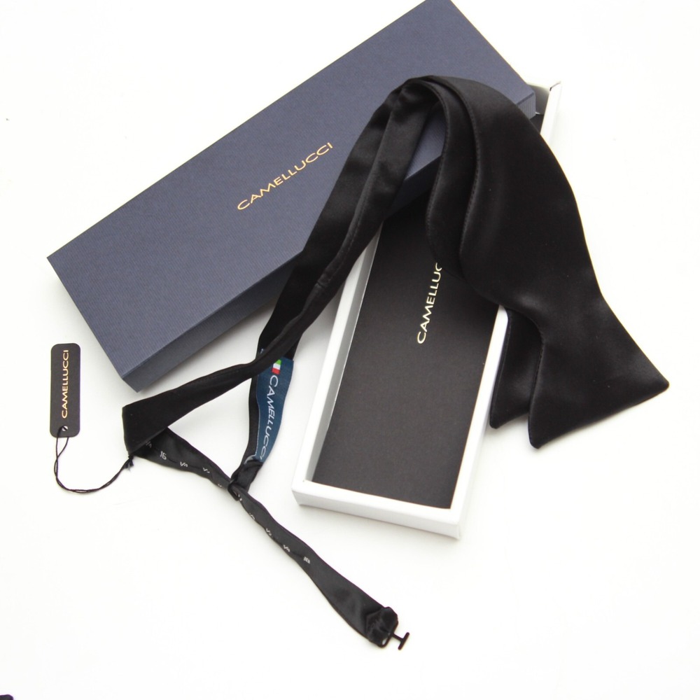 Men's bow tie 100%Silk Charmeuse Black Self tied Bow tie Small Compact Butterfly